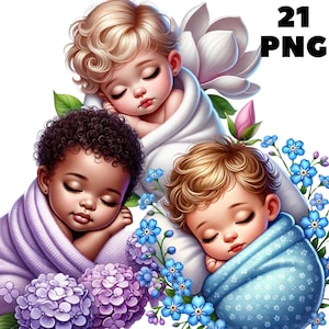 21 png-clipart slaperige baby's, lentebaby, babyshower, decor van de kinderkamer, pasgeboren babyillustraties, bloem png, commercieel gebruik