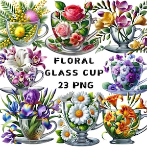 23 PNG Floral Glass Cup Clipart , High Quality PNG, Card Making, Cup , Flower , Tea cup, Illustrations , Instant Download for Commercial Use