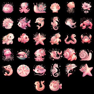 K&ouml;nnte beinhalten: Eine Sammlung von 36 rosa und wei&szlig;en illustrierten Meeresbewohnern mit floralen Akzenten. Die Illustrationen beinhalten einen Seestern, ein Seepferdchen, eine Qualle, eine Schnecke, einen Delfin, eine Garnele, eine Schildkr&ouml;te, eine Muschel, einen Oktopus und einen Fisch.