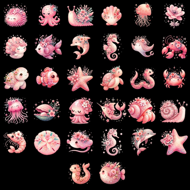 K&ouml;nnte beinhalten: Eine Sammlung von 36 rosa und wei&szlig;en illustrierten Meeresbewohnern mit floralen Akzenten. Die Illustrationen beinhalten einen Seestern, ein Seepferdchen, eine Qualle, eine Schnecke, einen Delfin, eine Garnele, eine Schildkr&ouml;te, eine Muschel, einen Oktopus und einen Fisch.