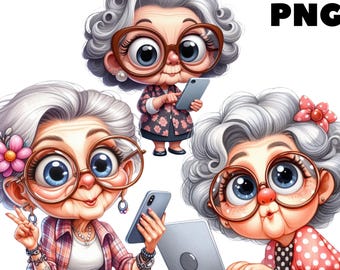 Grappige oma clipart, aquarel oude dame png, eigenzinnige senior graphics voor kaarten en shirts, afdrukbare stickers en decor, commercieel gebruik