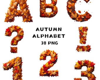 May include: Autumn alphabet letters and numbers made of fall leaves in shades of orange, red, and brown. The letters A, B, C, question mark, I, 1, 2, and 3 are shown. The text "AUTUMN ALPHABET 38 PNG" is also included.