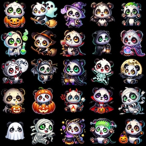 May include: A collection of 30 Halloween-themed cartoon panda illustrations. Each panda is dressed in a different costume, such as a vampire, witch, ghost, or pirate. The pandas are all smiling and have big, round eyes.