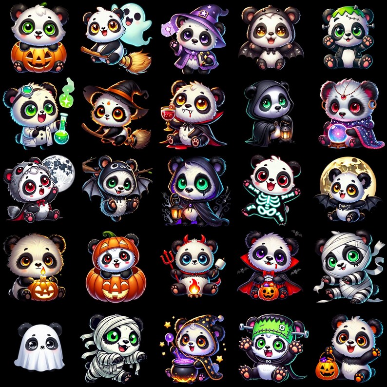 May include: A collection of 30 Halloween-themed cartoon panda illustrations. Each panda is dressed in a different costume, such as a vampire, witch, ghost, or pirate. The pandas are all smiling and have big, round eyes.