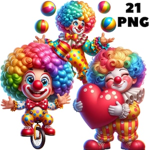 21 PNG, lindo paquete de imágenes prediseñadas de payaso, lindo payaso colorido, adorables imprimibles de circo, descarga digital instantánea, uso comercial ilimitado