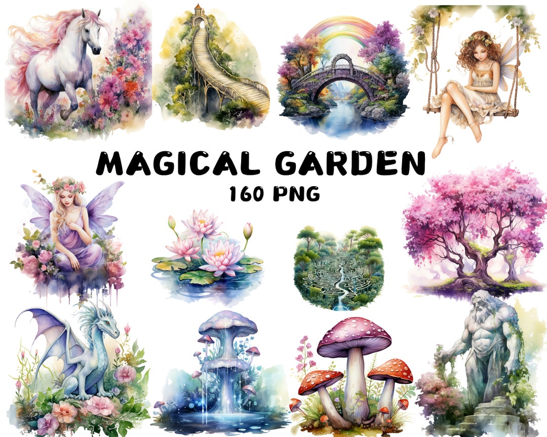 Watercolor Magical Garden Clipart PNG, Fairy Garden & Enchanted Forest ...