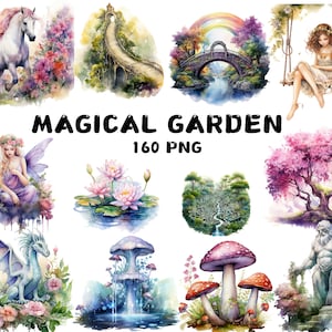 160 Aquarell Magical Garden Clipart, Fantasy Fairy Garden Bilder, magisch floral, Illustrationen, Instant Download für kommerzielle Nutzung