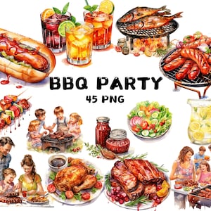 45 Barbecue ad acquerello, griglia per barbecue in giardino, cultura americana, barbecue, hot dog, illustrazioni, download immediato per uso commerciale