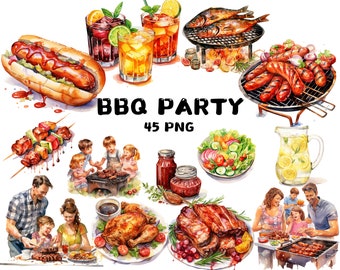 Watercolor BBQ Clipart , Backyard Grill & Barbecue, 45 PNG Files, 300 DPI, Transparent Background, Stickers, Sublimation, Commercial Use