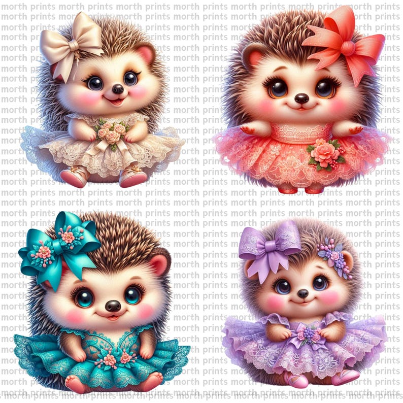 May include: Four cartoon hedgehogs wearing dresses and bows. The hedgehogs are wearing white, pink, blue, and purple dresses. Each hedgehog has a different colored bow.