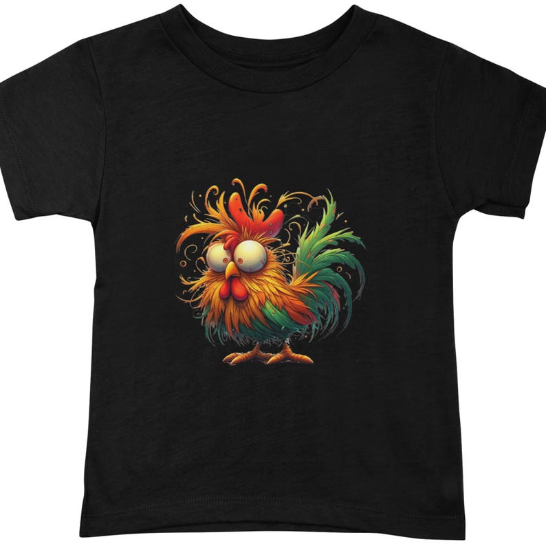 May include: A black t-shirt with a colorful cartoon rooster with a surprised expression. The rooster has a red comb, yellow and green feathers, and a blue and green tail.