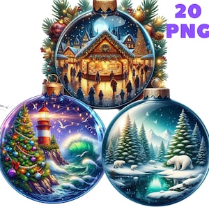 20 PNG Glas Ornament mit Landschaft Clipart, Weihnachtsdekoration, Weihnachtskugel, Illustration Sofort-Download für kommerzielle Nutzung