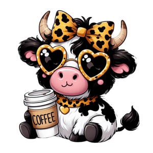 Clipart de vaca engraçada, clipart de café, laço com estampa de leopardo, vaca de café png, animais de café, impressão por sublimação, arte de parede, vaca fofa, bebê vaca