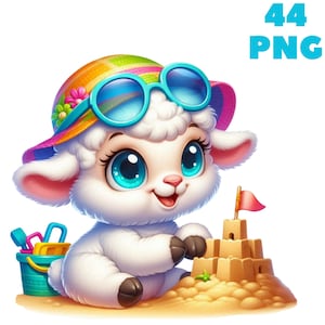 May include: A white fluffy lamb wearing a colorful sun hat with sunglasses is building a sandcastle on a beach.
