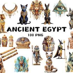 100 imágenes prediseñadas del Antiguo Egipto en acuarela: Cleopatra, el ojo de Horus, las pirámides, el faraón, ilustraciones, descarga instantánea para uso comercial