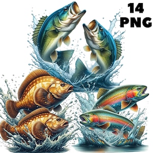 Colección de imágenes prediseñadas de peces saltadores de acuarela, 14 imágenes prediseñadas de peces PNG, peces lubina divertidos, peces pescadores PNG, paquete de imágenes prediseñadas de peces, uso comercial