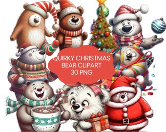 Puede incluir: Una colección de imágenes prediseñadas de osos navideños extravagantes. Los osos se representan con varios atuendos festivos, incluidos trajes de Papá Noel, bufandas y sombreros. La imagen incluye el texto "QUIRKY CHRISTMAS BEAR CLIPART 30 PNG". La imagen también incluye el texto "300 DPI | TRANSPARENT | INSTANT DL | COMMERCIAL USE".