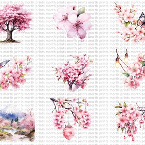May include: A digital collage of watercolor illustrations featuring pink cherry blossoms, butterflies, and a mountain scene with a river. The cherry blossoms are in various stages of bloom, with some flowers fully open and others still in bud. The butterflies are flying around the flowers, and the mountain scene is set against a backdrop of blue sky and white clouds.