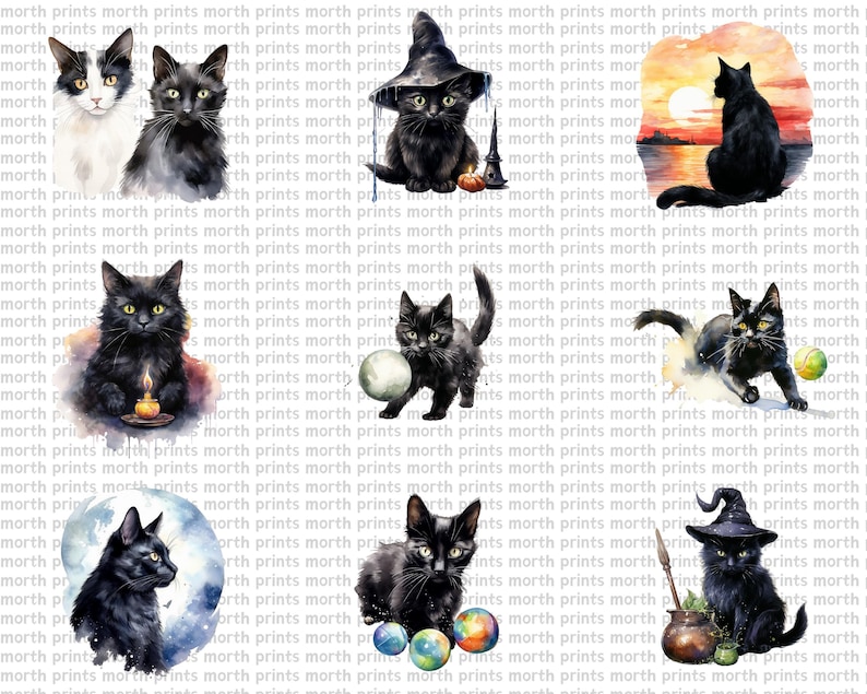 Watercolor Black Cat Clipart, Halloween PNG Images of Cute Witchy Cats ...