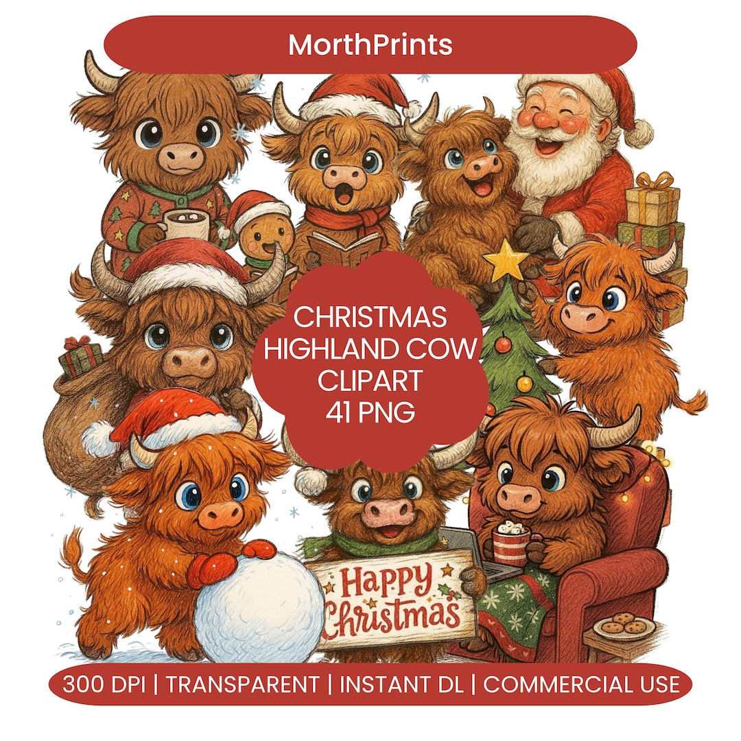 Christmas Highland Cow Clipart Bundle, Cute Santa Highland Cows PNG ...