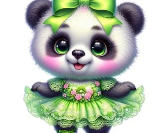 May include: A cute cartoon panda wearing a green dress with pink flowers and a green bow. The panda has black and white fur and big, green eyes.