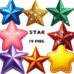 Sterren clipart png – glanzende gele sterren en luchtelementen voor nachtthema ambachten, kinderprojecten, uitnodigingen, kaarten, direct downloaden