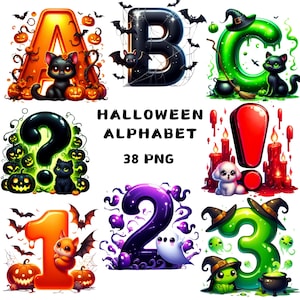 38 PNG Halloween Alphabet Clipart, Alfabeto PNG, , Clipart de Halloween, naranja y negro, Ilustraciones, Descarga instantánea para uso comercial