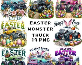 Imágenes prediseñadas de camiones monstruo de Pascua, imágenes PNG, camiones con conejitos para decoración de fiestas de primavera y camisetas infantiles, lindas pegatinas navideñas, uso comercial.