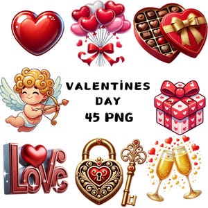 Valentine&#39;s Day Clipart Bundle: Teddy Bear, Hearts, Love (PNG, Commercial Use)