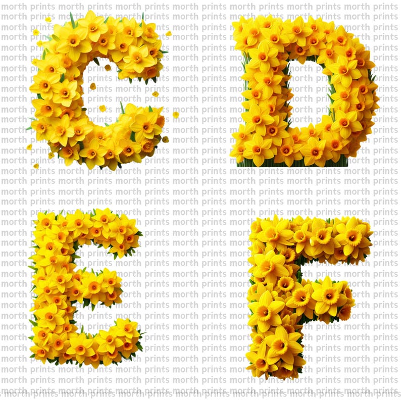 Daffodil Floral Alphabet Clipart PNG, Spring A–Z Letters, 38 PNG File ...