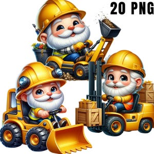 Puede incluir: Tres personajes de dibujos animados de trabajadores de la construcción, cada uno con barba blanca y casco amarillo, operando diferentes equipos de construcción. La imagen incluye el texto "20 PNG".
