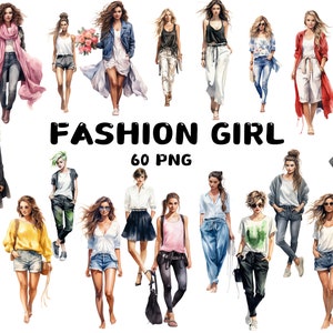 60 akwarelowych dziewczynek z modą, clipart, nowoczesna moda, designerska torebka, piękna kobieta, ilustracje, natychmiastowe pobieranie do użytku komercyjnego