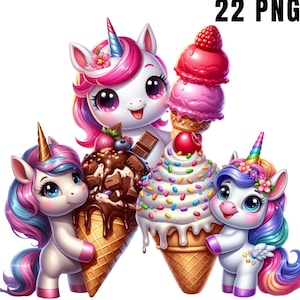 Unicornio Helado Clipart PNG – Lindo Unicornio Sosteniendo un Cono de Helado con Chispas, Descarga Digital para Manualidades Infantiles, Tarjetas, Pegatinas y Decoración