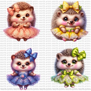 May include: Four cartoon hedgehogs wearing dresses with bows and lace. The hedgehogs are wearing pink, yellow, blue, and green dresses.