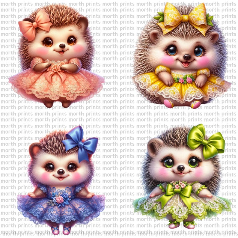 May include: Four cartoon hedgehogs wearing dresses with bows and lace. The hedgehogs are wearing pink, yellow, blue, and green dresses.