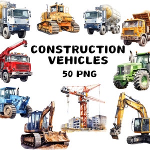 50 aquarel bouwvoertuigen clipart, graafmachine, bulldozer, cementmixer, illustraties, Instant Download voor commercieel gebruik