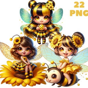 Honey Bee Fairy Clipart PNG, Cute Bumblebee Fairies with Flowers, 22 Files, Transparent Background, Stickers, Sublimation, Commercial Use