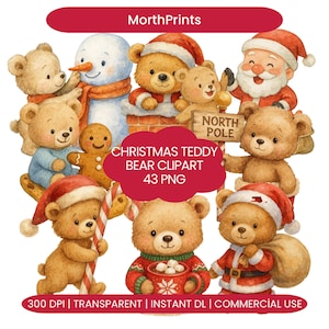 May include: A collection of watercolor Christmas teddy bear clipart. The bears are dressed in festive attire, including Santa hats and sweaters, and are holding candy canes and mugs of hot cocoa. The image includes the text "Christmas Teddy Bear Clipart 43 PNG".