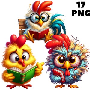 Clipart poulet lisant un livre - groupe original de poulet, poulet mignon, animaux de la ferme, clipart poulet, oiseau original, animal mignon, animaux originaux