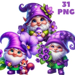 31 PNG Fioletowy Gnom Clipart, Słodkie Gnomy, Kwiatowe Gnomy, Gnome Bundle, fioletowy clipart, Ilustracje, Natychmiastowe pobieranie do użytku komercyjnego