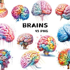 May include: A collection of colourful, watercolour-style brain illustrations. The image includes various brain designs, some with rainbow hues, others with mechanical elements, and one shaped like a lightbulb. Text reads "BRAINS 45 PNG".