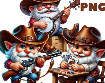 Clipart de nain de cow-boy PNG, illustrations de nain de l'Ouest pour cartes et travaux manuels, gnomes de campagne avec chapeaux et bottes, sublimation, usage Commercial