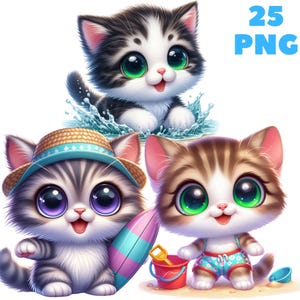 25 PNG Beach Cat Clipart, Animales lindos, Clipart de verano, Paquete de animales, Ilustraciones, Descarga instantánea para uso comercial