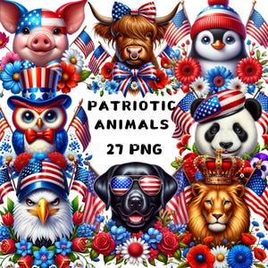 27 PNG 愛国的な動物のクリップアート、7 月 4 日のクリップアート、花の動物のイラスト、アメリカ国旗 PNG、かわいい動物、商用利用