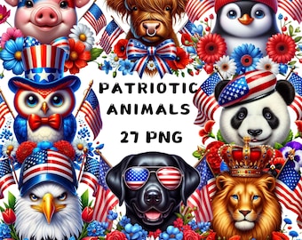 Patriotische Tiere Clipart, 4. Juli PNG Illustrationen, USA Flagge Kreaturen für Shirts und Karten, Dekor zum Unabhängigkeitstag, kommerzielle Nutzung