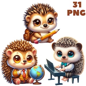 31 PNG Schule Igel Clipart, Schule Clipart, süße Tiere, niedliche Baby-Tiere, Illustrationen, Sofort-Download für kommerzielle Nutzung