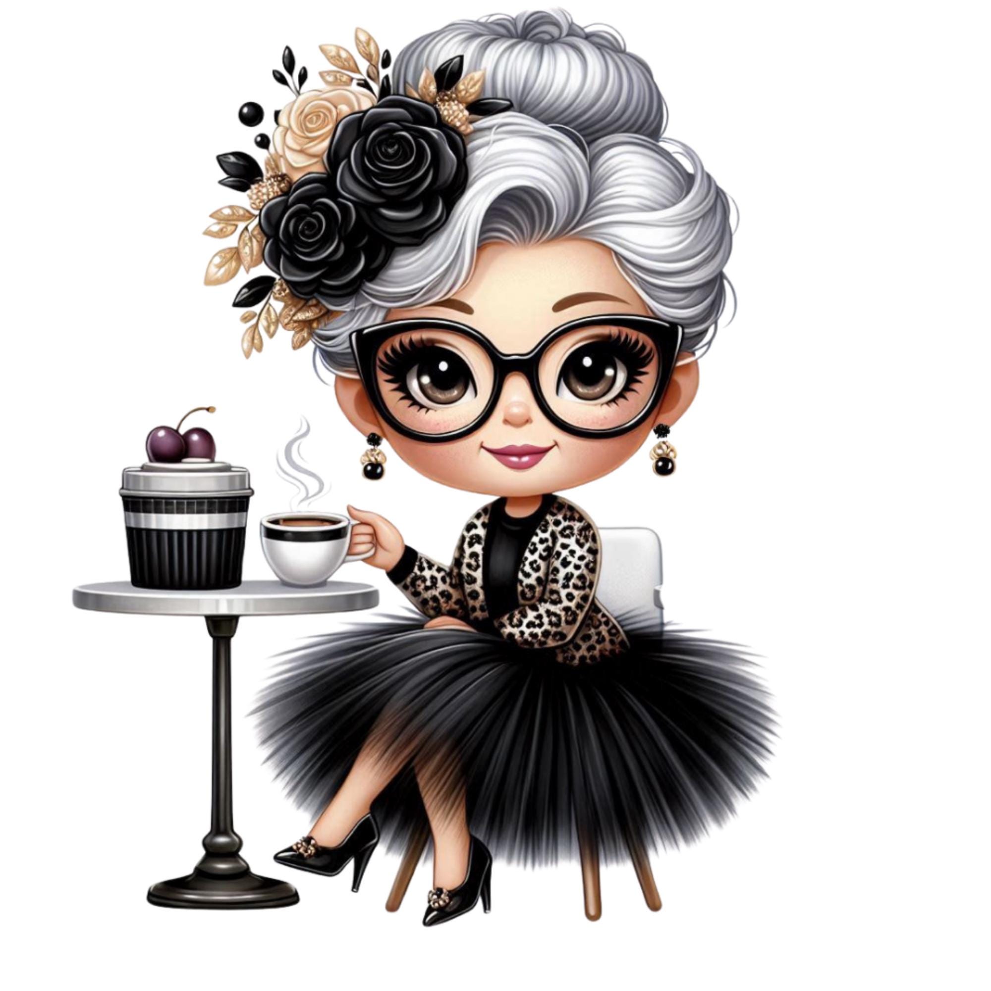 Watercolor Grandma Clipart, Senior Lady Drinking Tea PNG for Cards ...