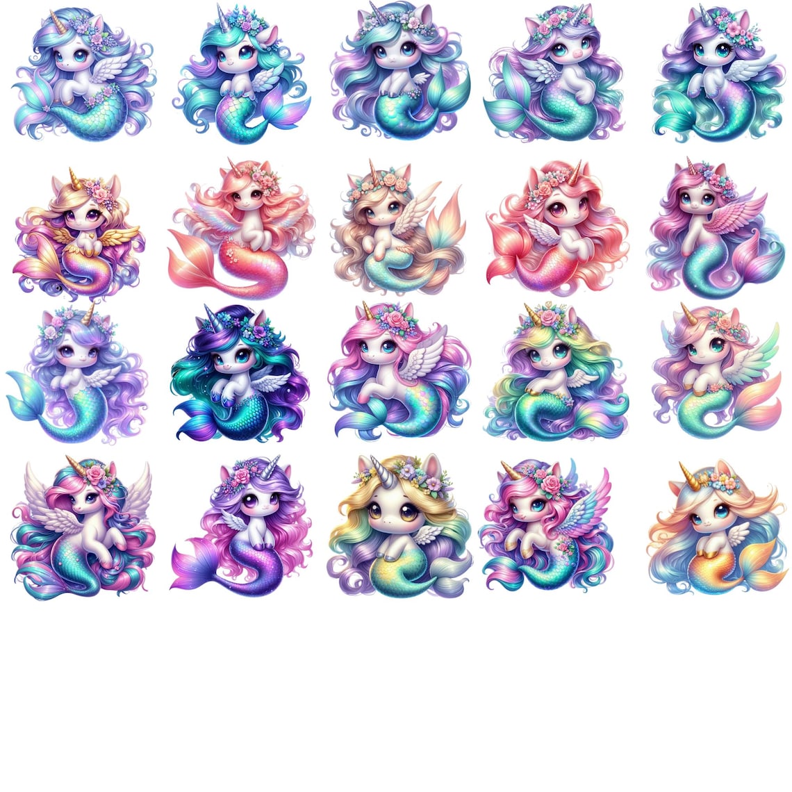 Unicorn Mermaid Clipart, Rainbow Watercolor PNG Set, Kawaii Fantasy ...
