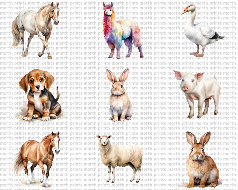 Watercolor Farm Animals Clipart PNG, Cow Pig Horse Goat Sheep, 55 PNG ...