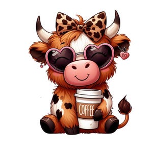 Clipart de vaca engraçada, clipart de café, laço com estampa de leopardo, vaca de café png, animais de café, impressão por sublimação, arte de parede, vaca fofa, bebê vaca